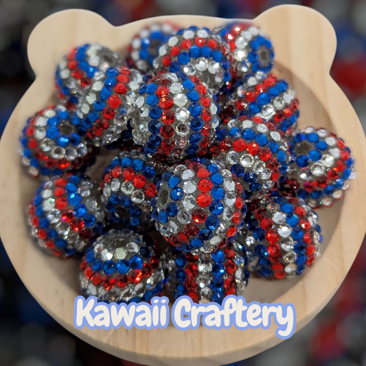 Patriotic Stripe Rhinestone Beads, Patriotic Bubblegum Beads, Chunky Beads, 20mm Acrylic Beads (5pcs)